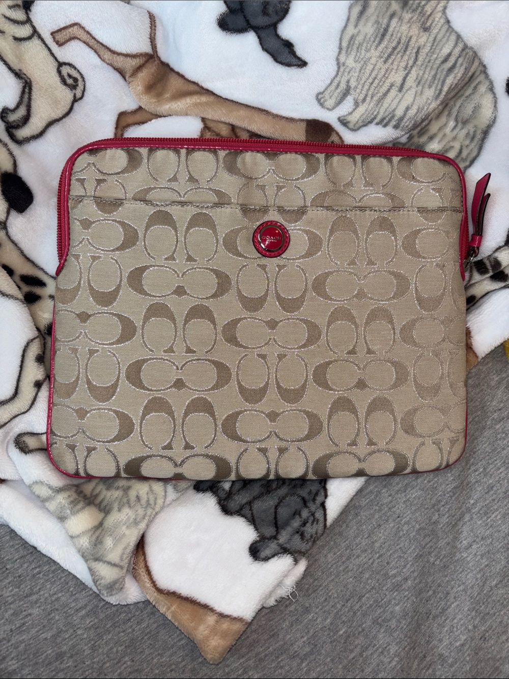 Coach Signature Canvas Laptop Sleeve with Pink Trim